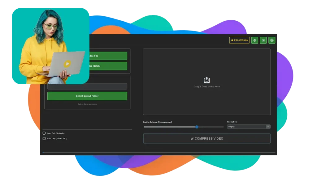 Vreel high-quality video compressor supporting MP4, MOV, and AVI formats with zero quality loss